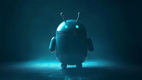 Cyan robotic mascot rendered in dramatic volumetric backlight