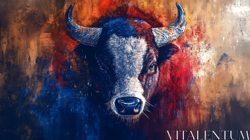 Bison portrait dominates vivid blue and red abstract field