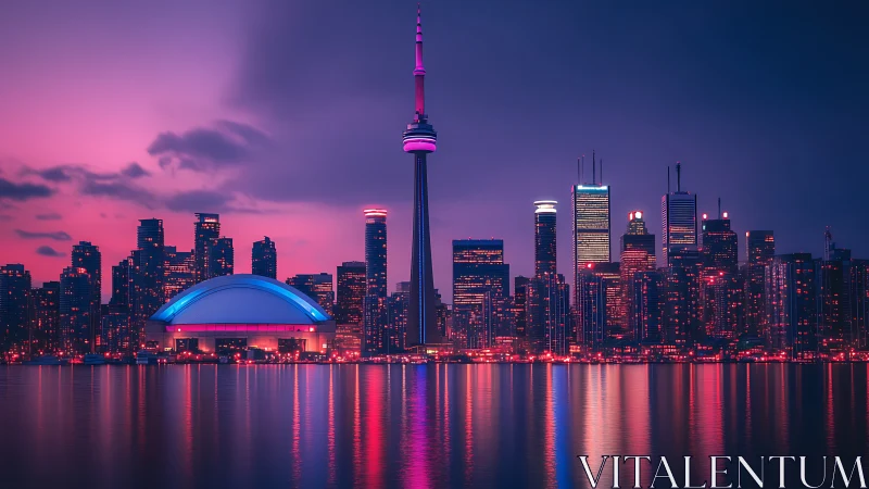 Neon kissed city skyline glowing over calm evening water.