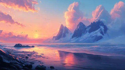 Sunlit icy peaks glow above a serene reflective shoreline.