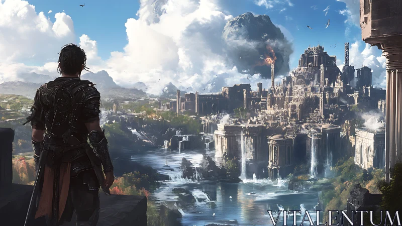 Armored figure surveys expansive tiered city with waterfalls