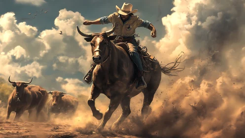 Cowboy drives stampeding bull through dust storm plains.