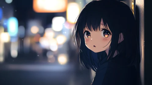 Nocturnal city bokeh framing reflective anime portrait study.
