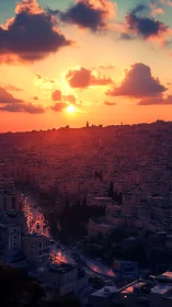 Sunlit urban skyline under vivid crimson sunset glow.