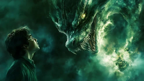 Young robed figure facing large reptilian creature in mist.