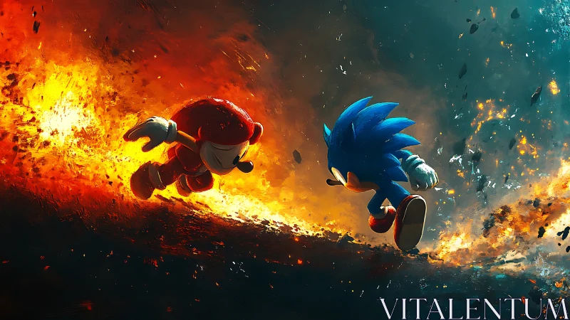 High-speed duel of stylized hedgehogs in fiery particle storm