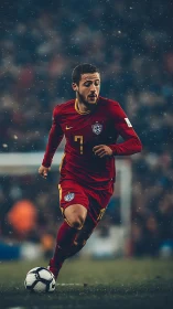 Rain-slick midfield maestro chasing glory under stadium haze.