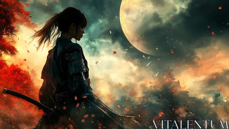 Samurai figure stands before full moon and distant pagoda