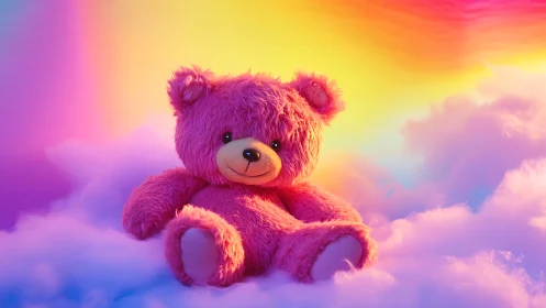 Pink teddy bear on soft clouds under vivid rainbow sky.