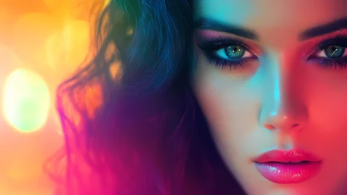 Neon-lit portrait highlights vivid gaze and glossy lips.