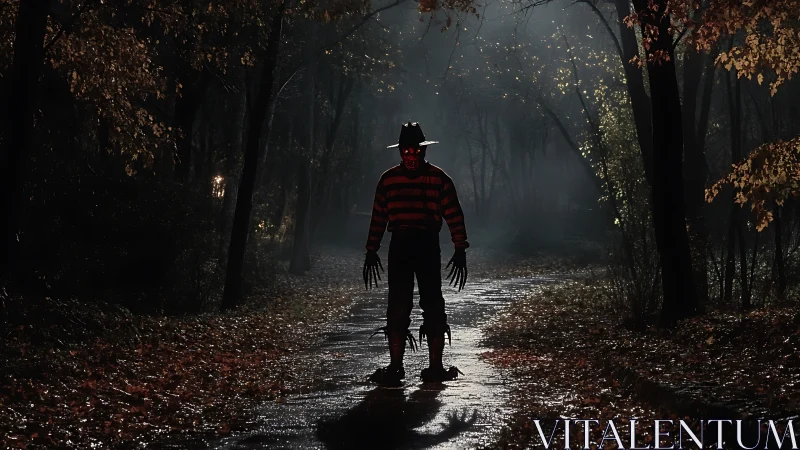 Horror figure stands on wet forest path at night in fog