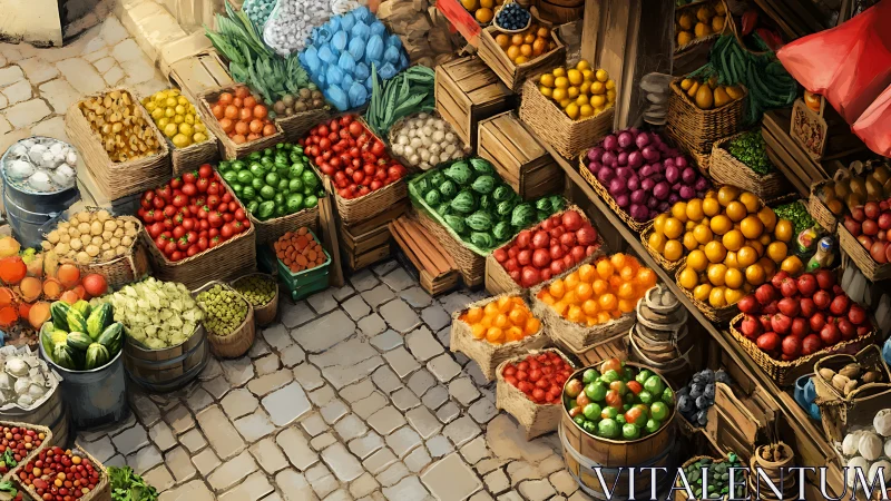 Sunlit market stalls overflow with vivid fresh produce.