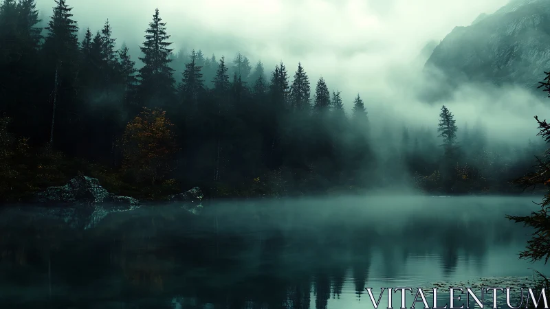 Foggy conifer forest reflected in still mountain lake.
