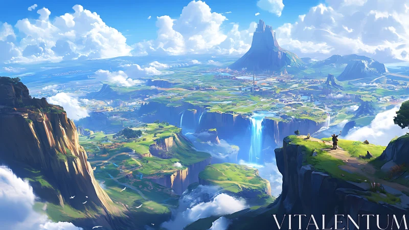 Elevated Landscape with Geological Formations and Cascading Water