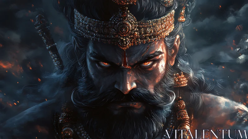 Storm-eyed warrior king crowned in ember-lit fury.