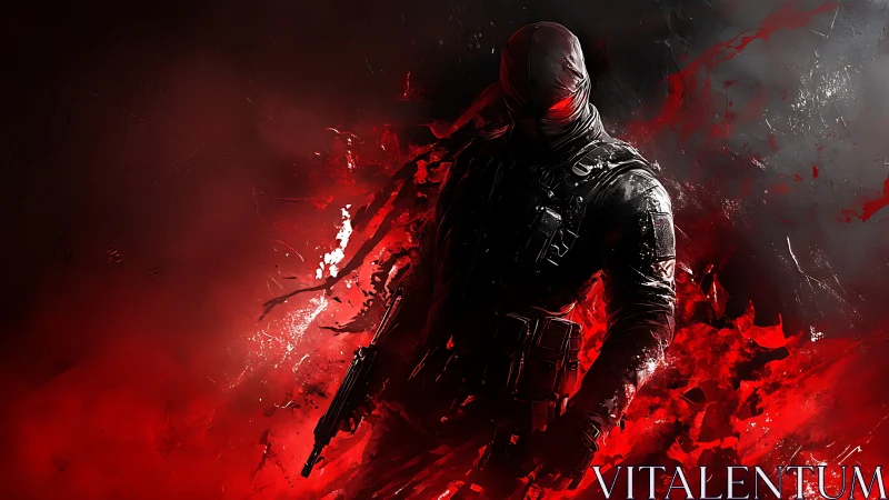 Shadowy cyber soldier emerging from glowing red chaos.