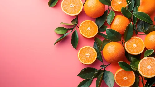 Fresh oranges spill across vibrant coral background.