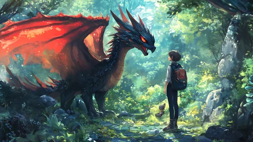 Boy confronts glowing-eyed dragon in sunlit forest clearing