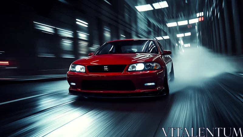 Red performance coupe racing through neon-lit tunnel at night.