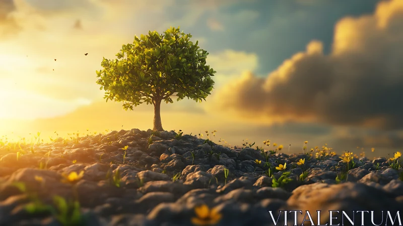Solitary green tree crowns rocky field at golden sunrise.