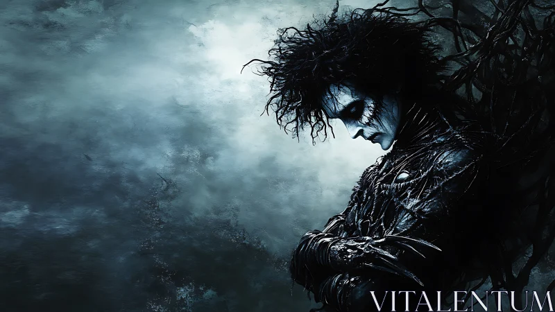 Brooding dark figure in gothic armor against stormy void.