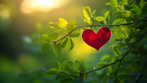 Red heart suspended on green foliage branch under golden sunlight