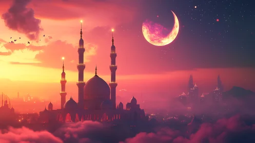 Crimson crescent moon over luminous mosque skyline at dusk