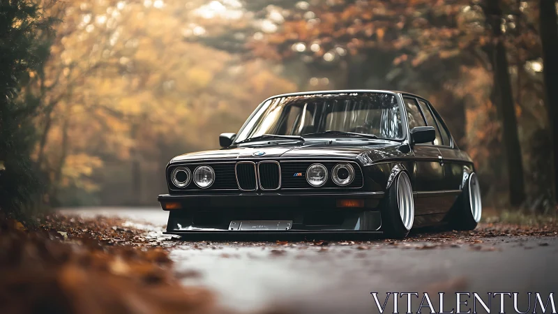 Lowered classic BMW sedan in shallow-depth autumn forest scene.