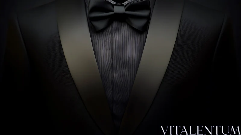 Formal Tuxedo Composition: Black Bow Tie and White Shirt Front Detail.