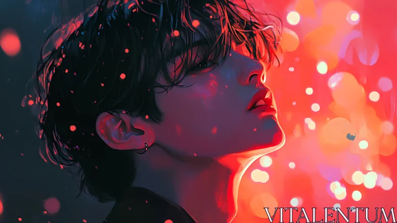 Side profile portrait in red and blue bokeh illumination