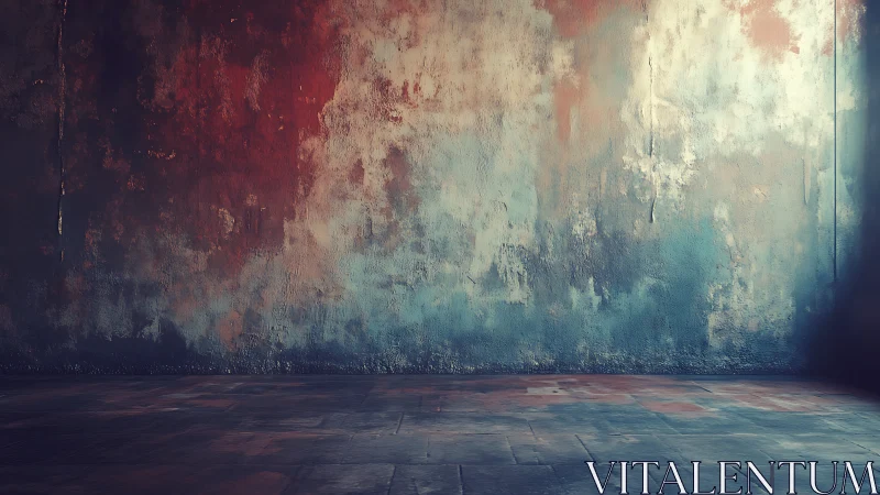 Weathered concrete wall shows moody teal and rust patina.