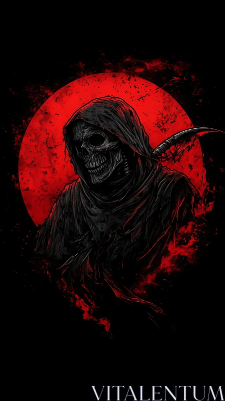Hooded skeletal reaper silhouette against textured blood moon