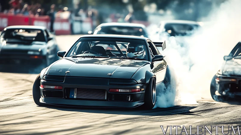 Dynamic drift car close-up in high-contrast track lighting.