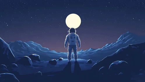 Astronaut stands on rocky alien landscape under bright moon.