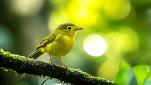 Bright Yellow Songbird on Mossy Branch, Nature Photography.