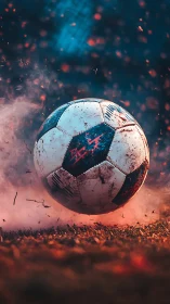 Soccer ball in midair above turf with smoke and sparks.
