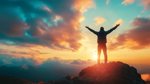 Sunrise silhouette on mountain peak under radiant cloudscape.
