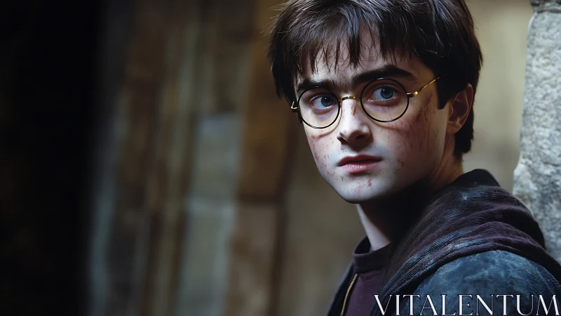 Photorealistic portrait of tense young wizard in stone corridor.