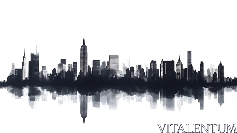 Monochrome city skyline forms a mirrored linear reflection