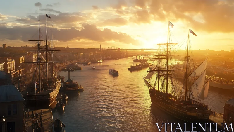 Golden hour tall ships glide through a bustling historic harbor