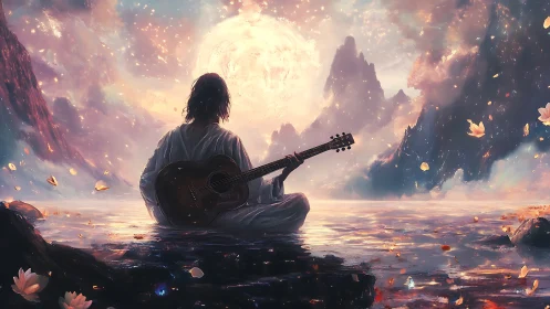 Moonlit musician rests by glowing water in gentle wonder