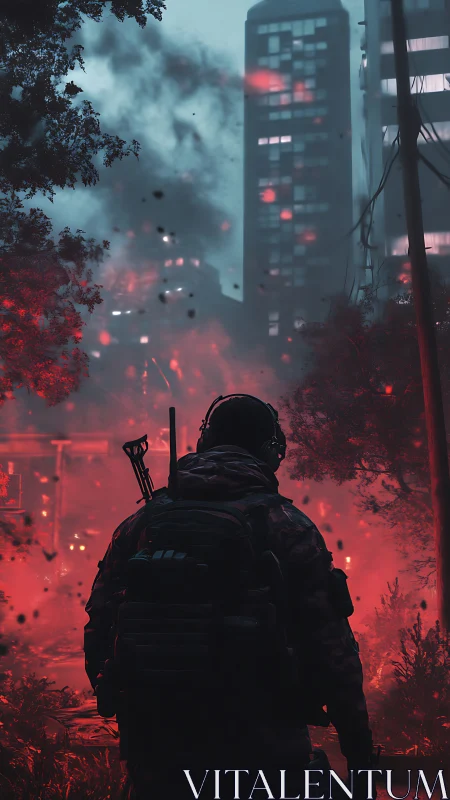 Lone urban ranger walks through crimson fallout haze.