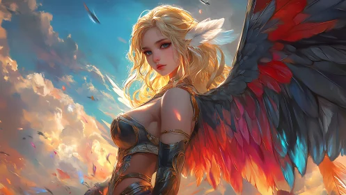 Celestial winged warrior in radiant sunset chromatic armor.