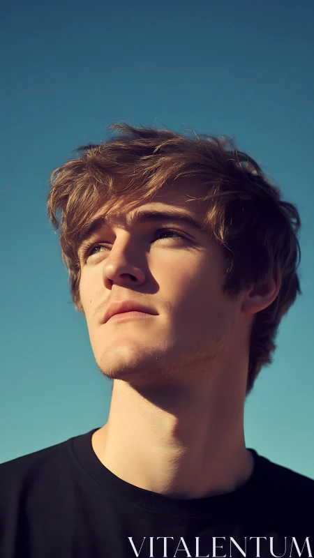 High-contrast upward portrait under clear daylight sky conditions