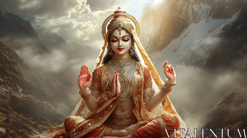 Goddess figure in golden attire meditating in mountains.