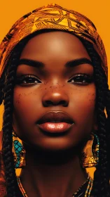 Portrait of stoic woman in patterned headwrap on orange field.
