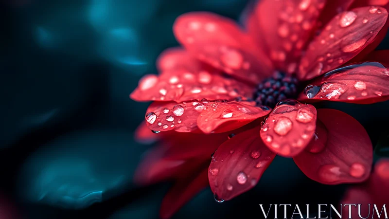 Red flower petals with water droplets under high magnification depth analysis