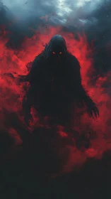 Hooded shadow demon emerging through bloodred smoke.