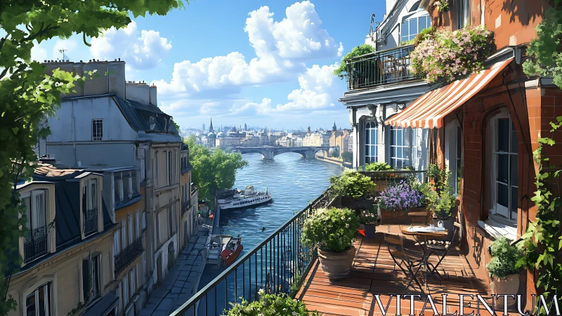 Sunlit riverside balcony dreaming above a storybook city.