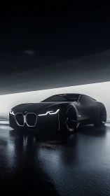 Low-slung matte black BMW concept coupe in moody wet hangar